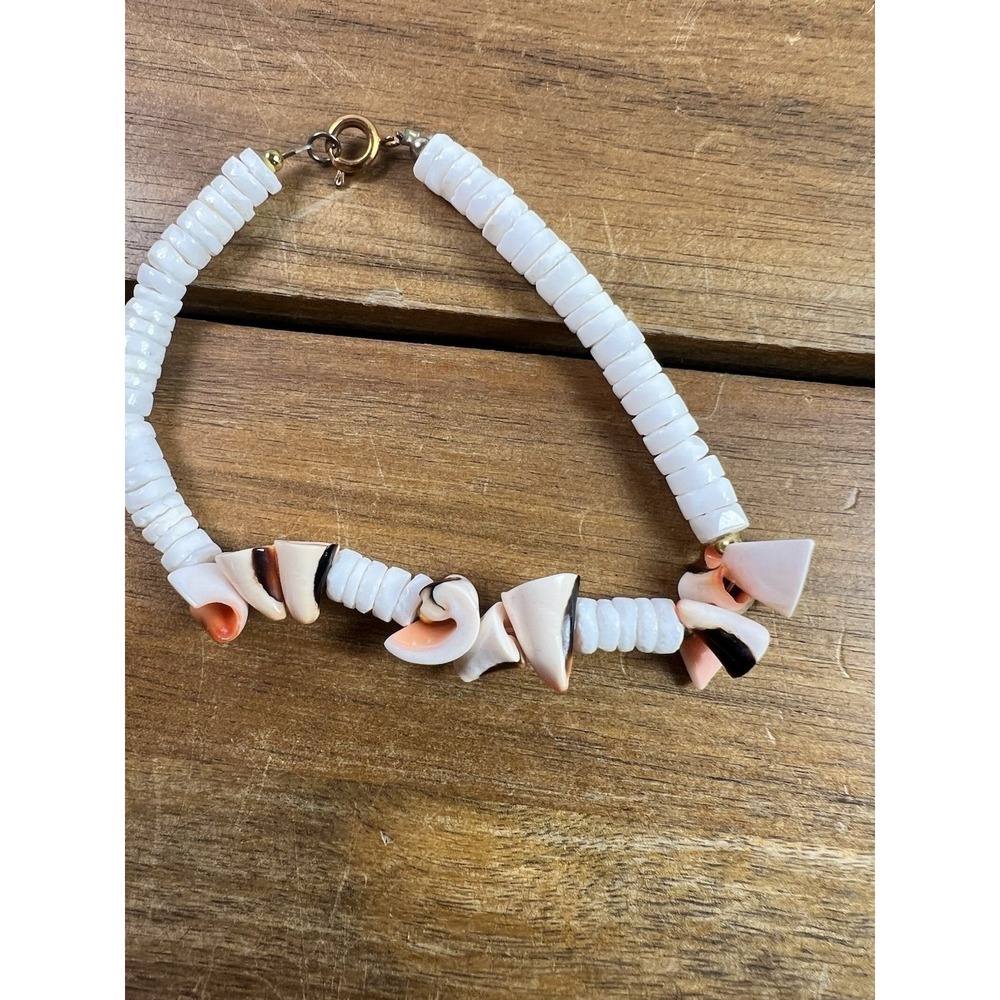 Vintage Coastal Shell Heishi Bead Necklace Bracelet Set Boho Beachy Peach White - Picture 9 of 9